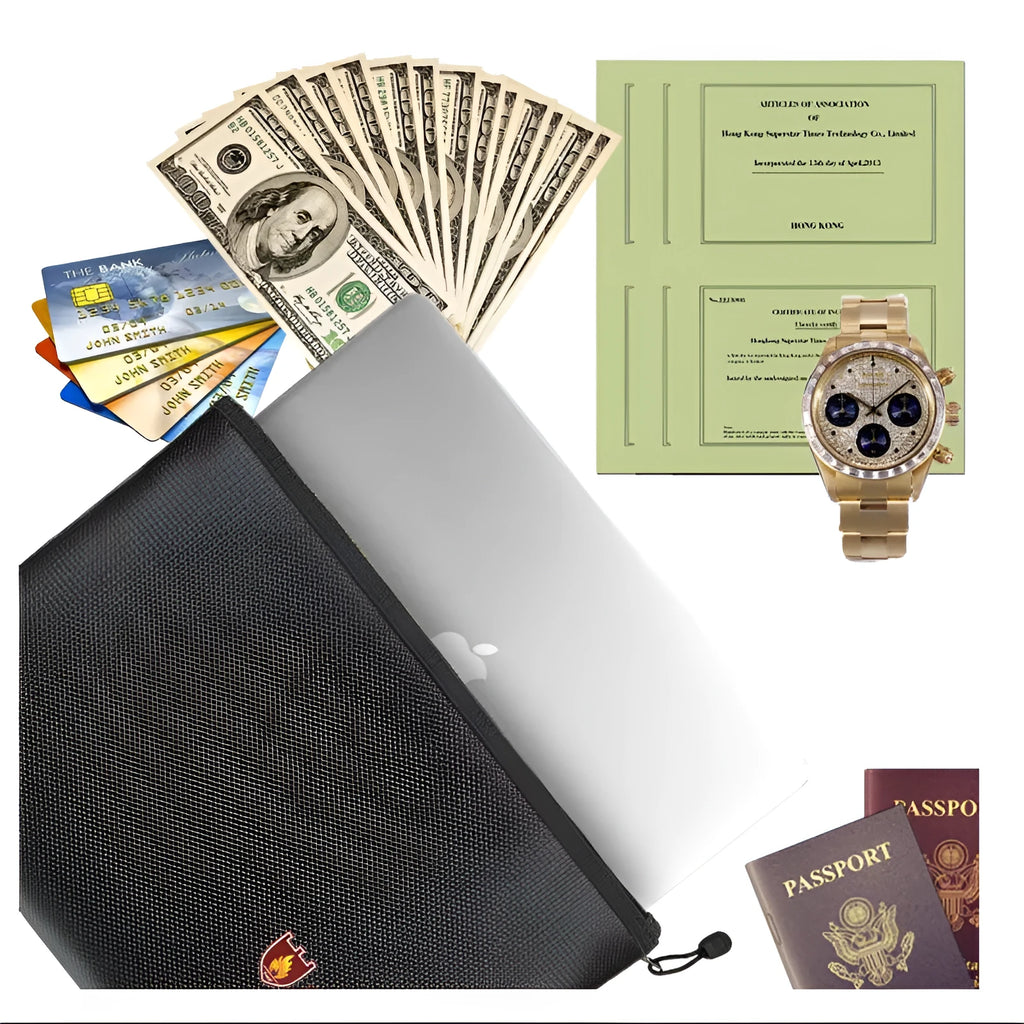 Black fire-proof document bag for contracts and certificates, shown in three different sizes.