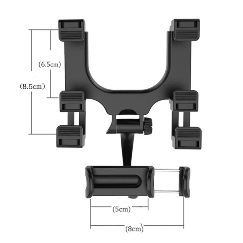 Black car rearview mirror phone holder V68200 with buckle-type fixing attached to a car mirror