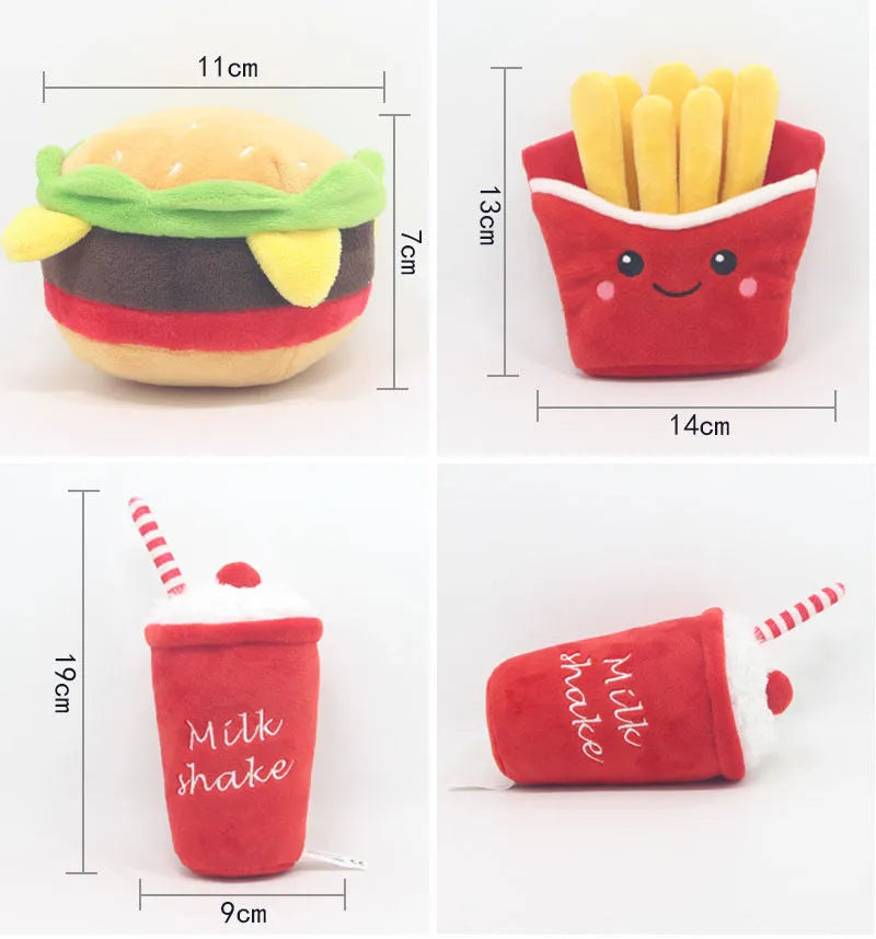 Plush pet squeaky toys in hamburger, French fries and milkshake cup designs for cats and dogs
