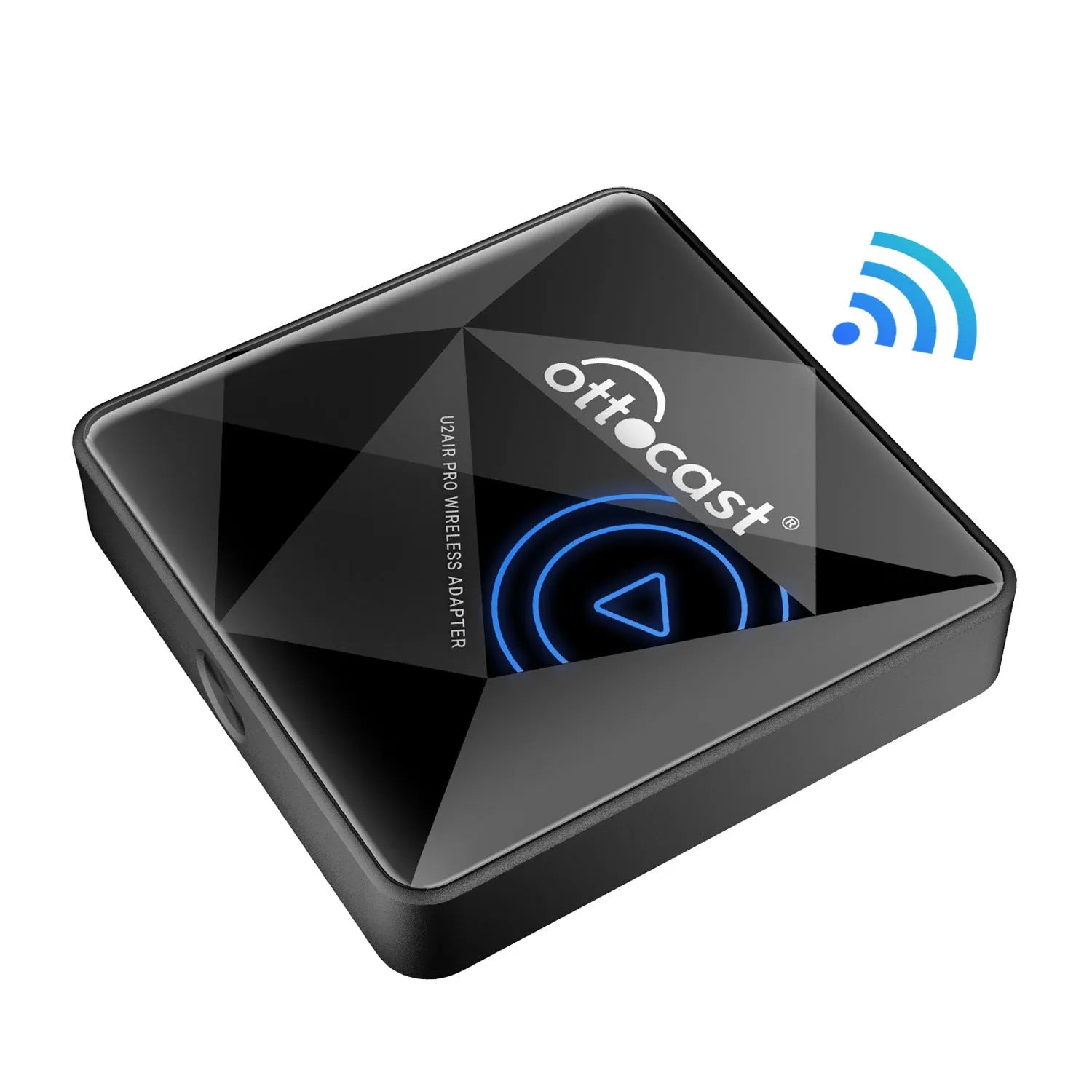 Black square Car Bluetooth AIBOX wireless adapter with Type-C port on a car dashboard.