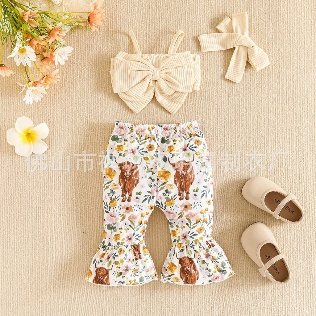 Girls' bow suspenders short top and trousers suit in beige cotton concave stripe fabric with hairband