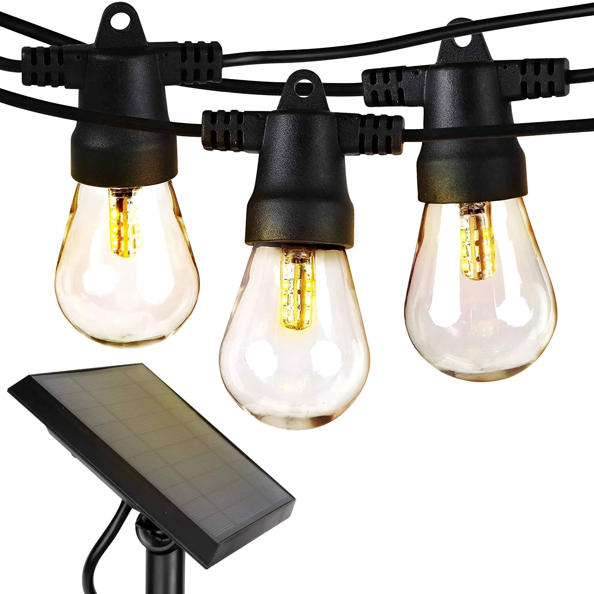 Waterproof solar-powered LED string lights with PVC bulbs in an outdoor garden setting.