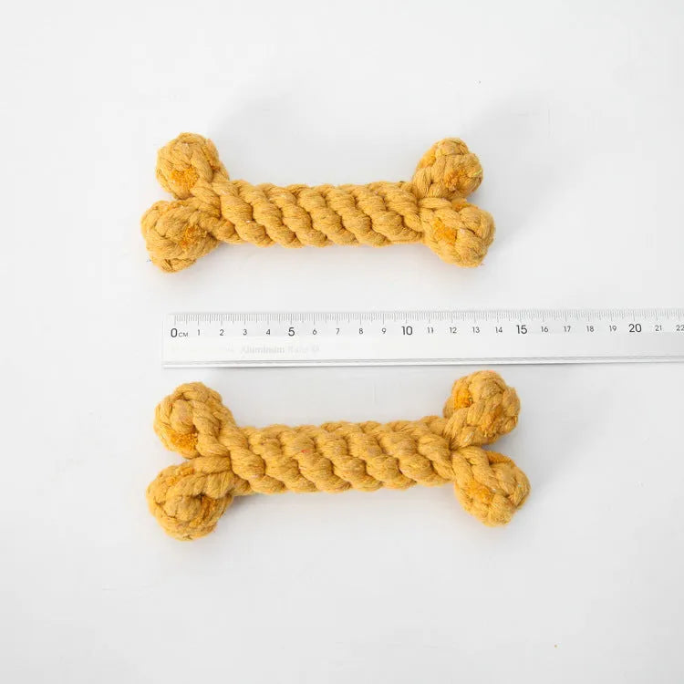 Cotton rope knot dog bone toy approximately 15cm long in blue colour on white background