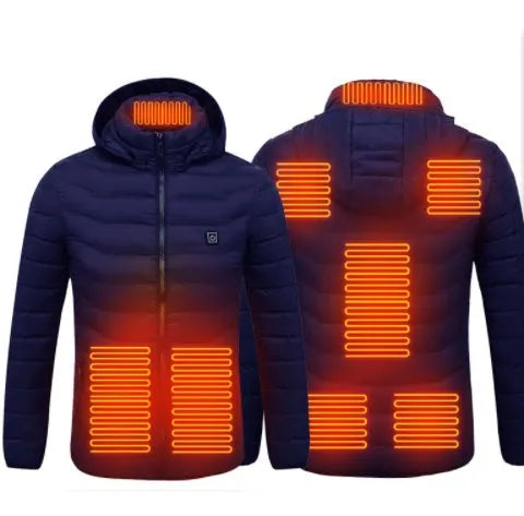 USB heated jacket with carbon fibre heating wire, removable hood, and three heat settings in black Blue Zone 2 colour variant