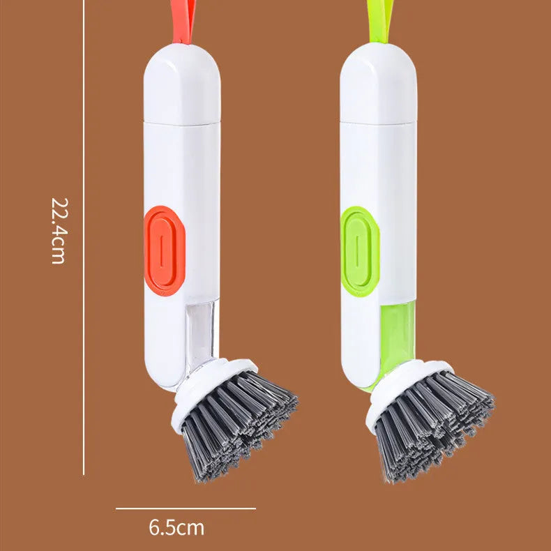 Long-handle kitchen cleaning brush with liquid dispenser and two brush heads in white and green