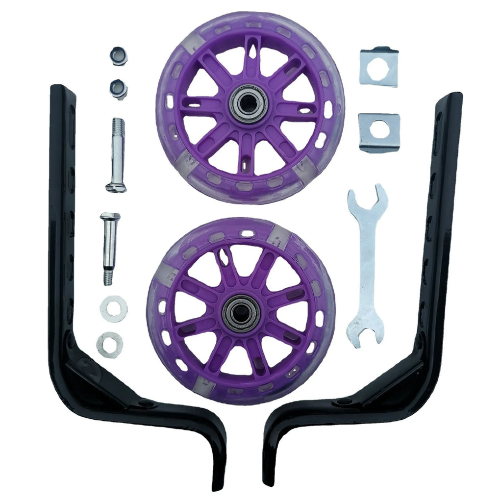 Set of two metal training wheels with brackets and hardware for a children's bicycle.