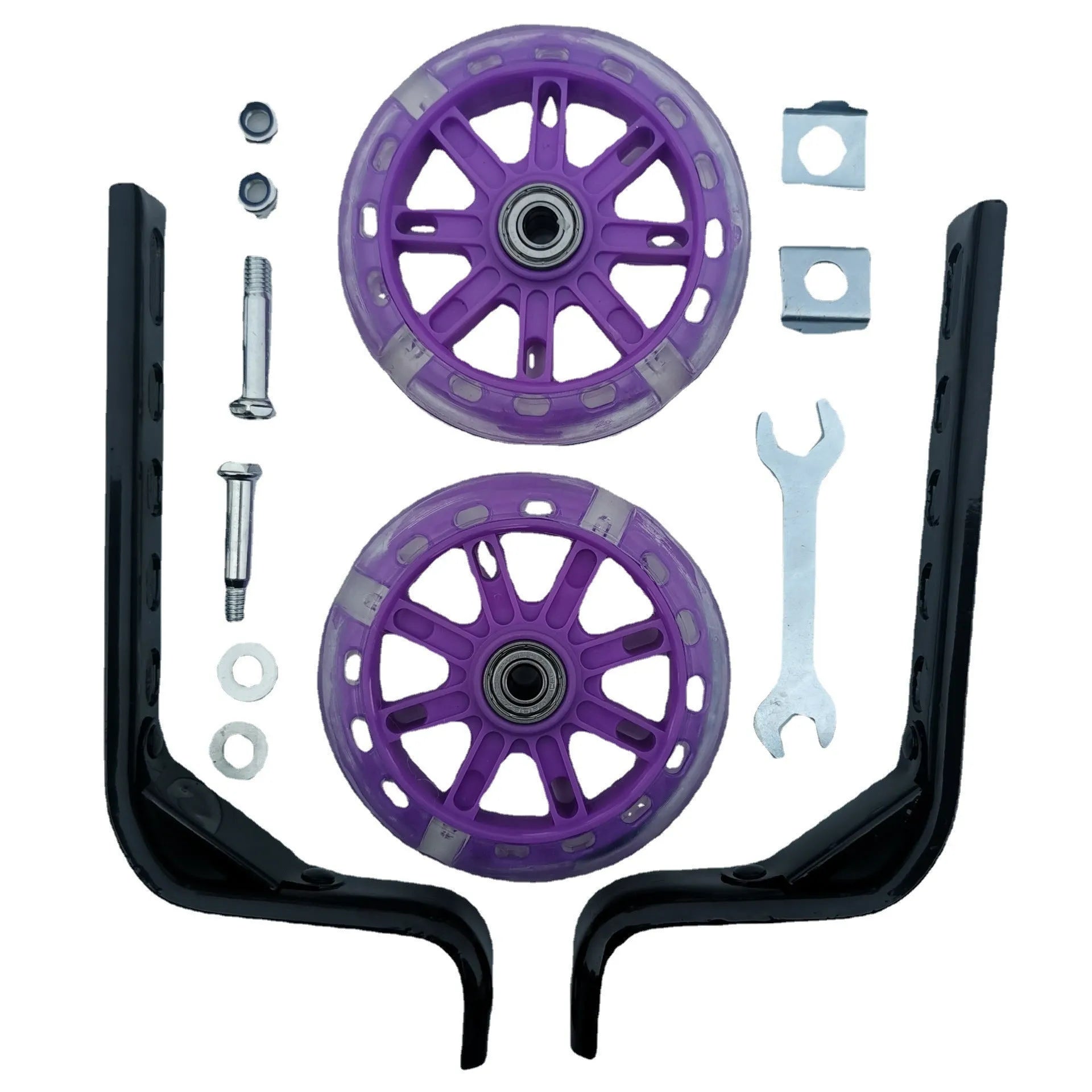 Set of two metal training wheels with brackets and hardware for a children's bicycle.