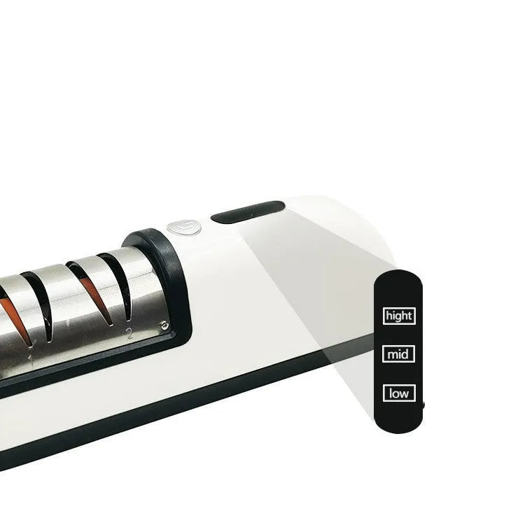 Rechargeable electric knife sharpener with ABS stainless steel body, USB charging port, compact size 20x6.3x7cm, black colour