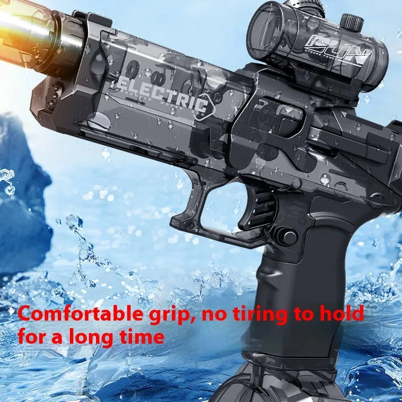 Electric water pistol with light effects showing automatic water feeding system