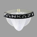 Hollow mesh men's briefs underwear in white showing low waist high fork design