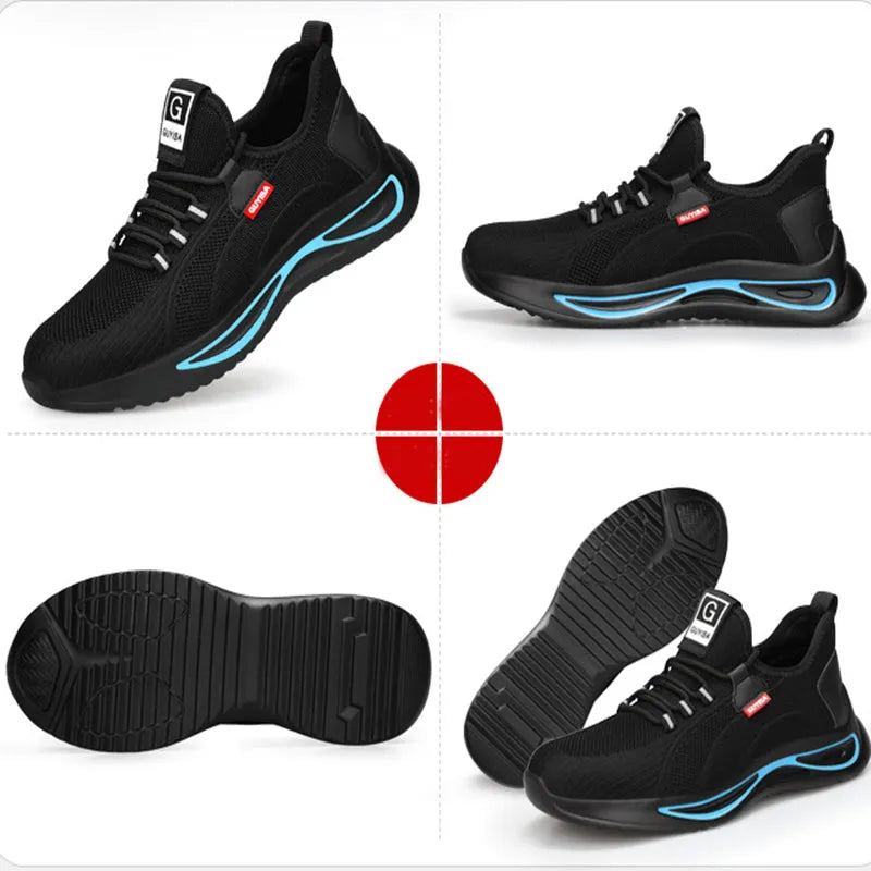 Steel toe work safety shoes for men, black blue trim, fly weaving upper, Kevlar midsole, PU nonslip sole, low top, sizes 39-44.