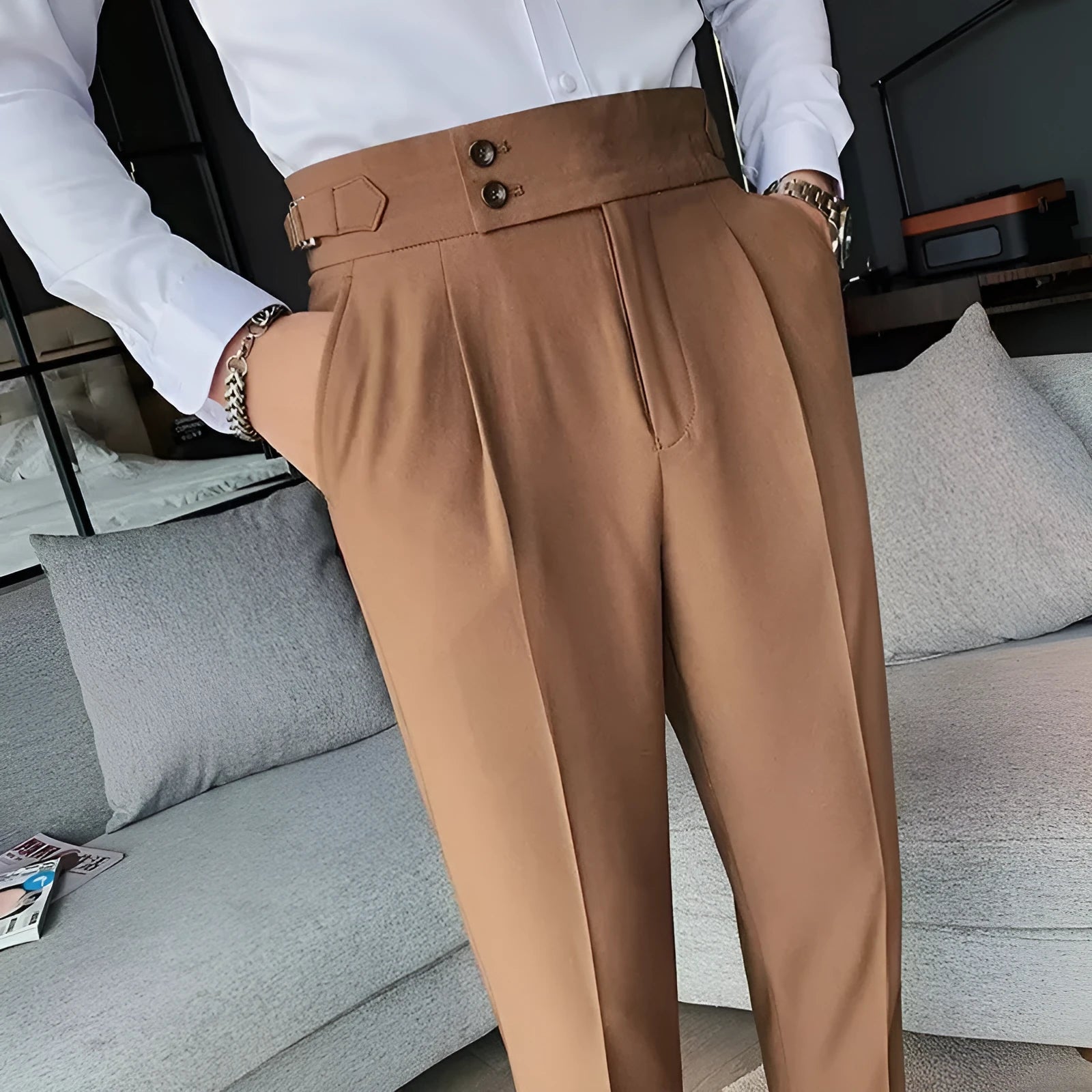Autumn retro high waist straight-leg casual trousers in a cotton blend fabric shown in black.
