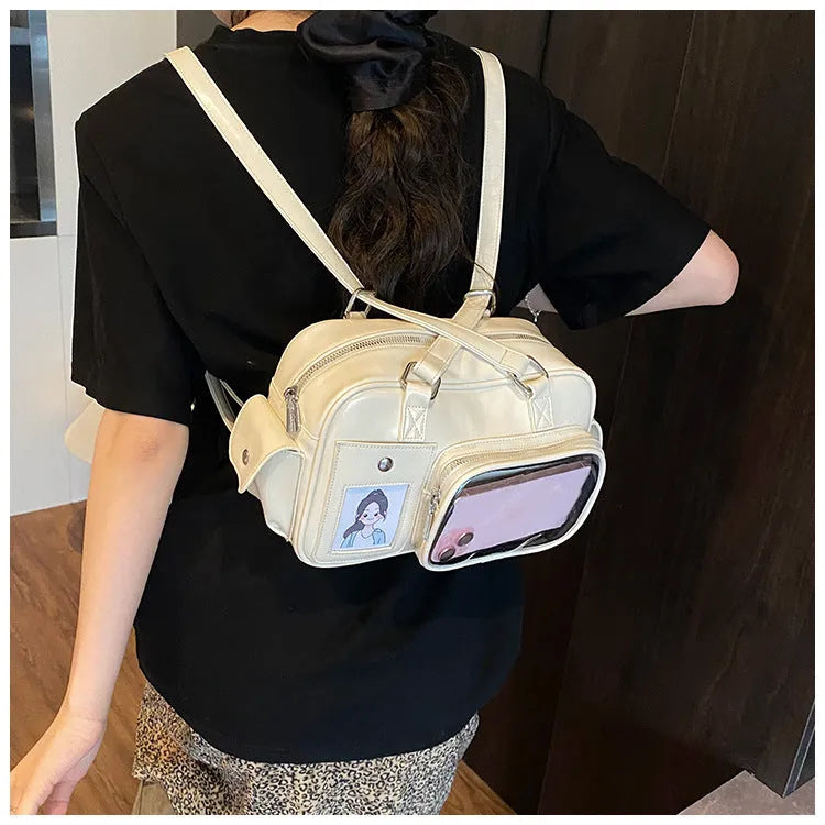 Large capacity transparent cartoon crossbody backpack in white with sewing thread details