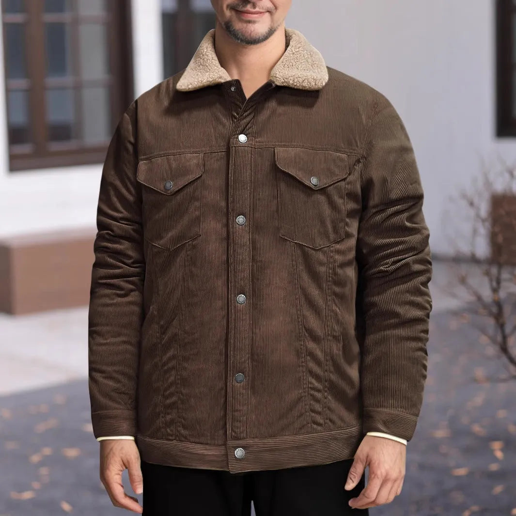 Men's thickened corduroy fleece-lined lapel jacket in dark brown, army green, navy blue or black, sizes S to XXXL