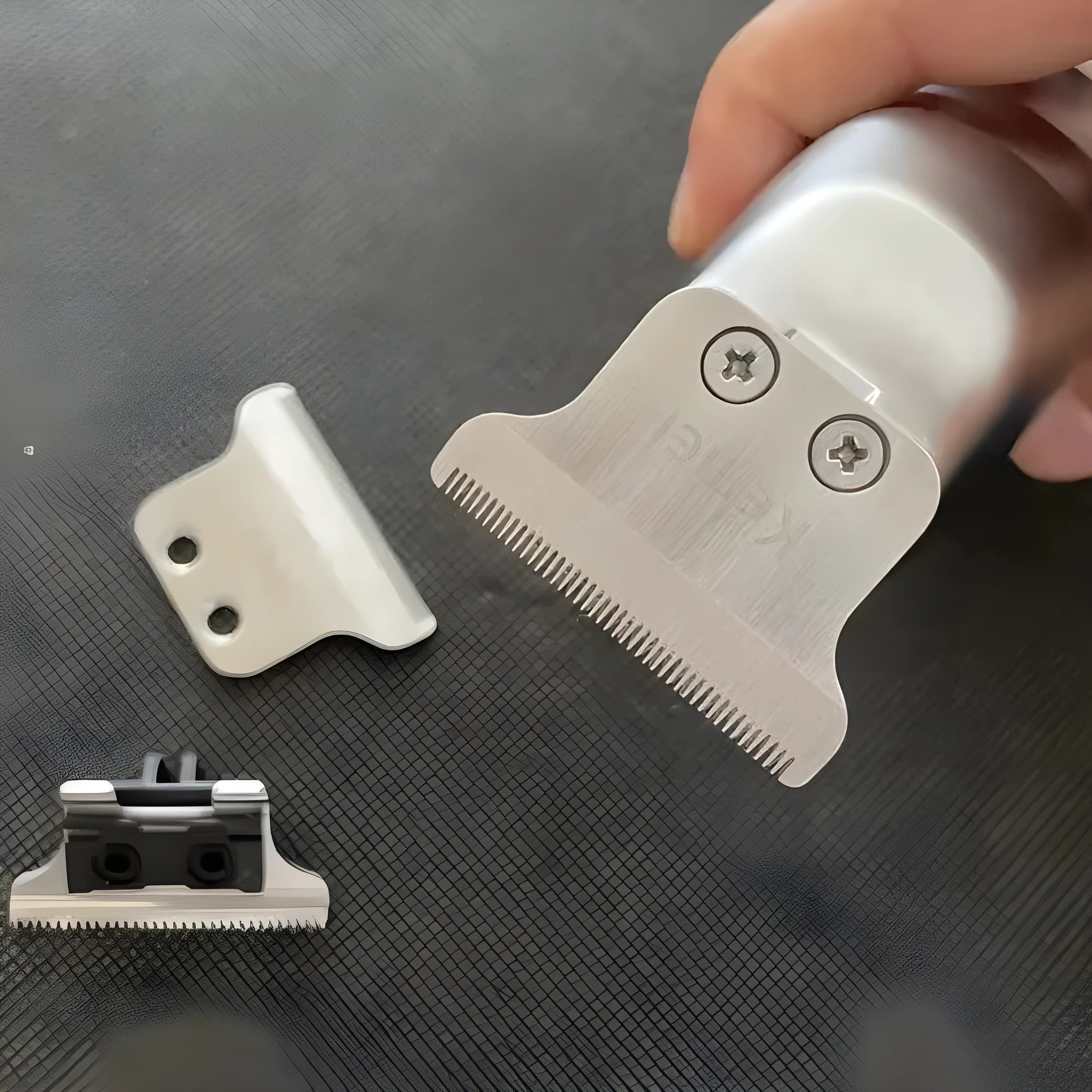 Barber scissors with LCD digital display showing battery percentage on stainless steel tool head