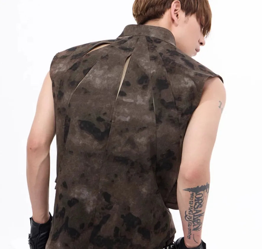 Men's denim vest and camouflage trousers two-piece set with semi-high collar and single-button fastening