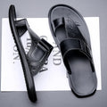 Men's casual beach slippers in light brown with cowhide upper and rubber sole