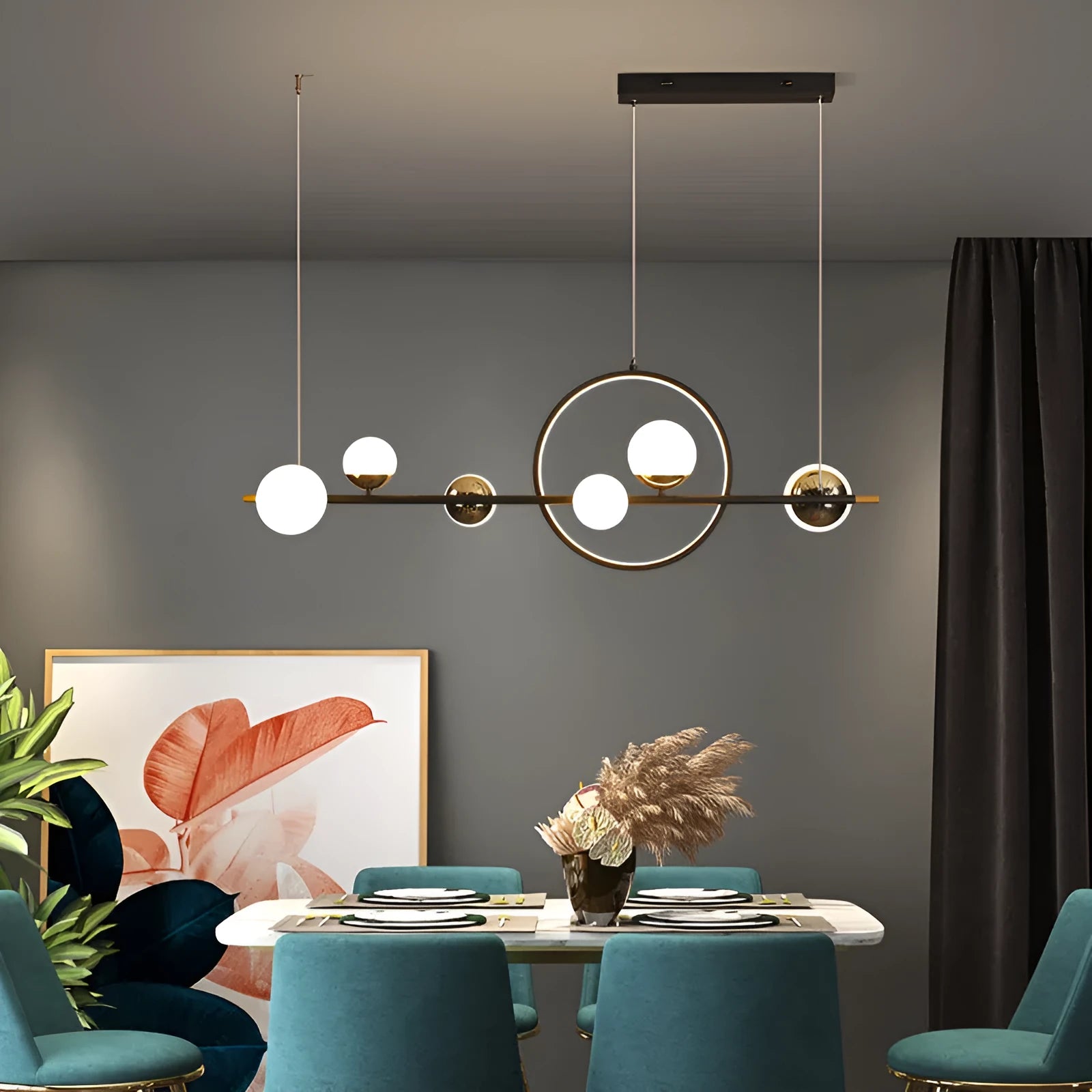 Nordic creative long chandelier 112cm width 6-light iron acrylic silica gel ceiling light for dining room