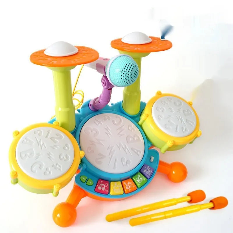 Yellow plastic hand tapping electronic drum toy for infants 0-3 years white box packaging