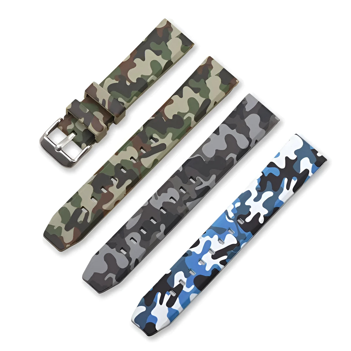 Green camouflage silicone watch strap showing 20mm width and buckle.