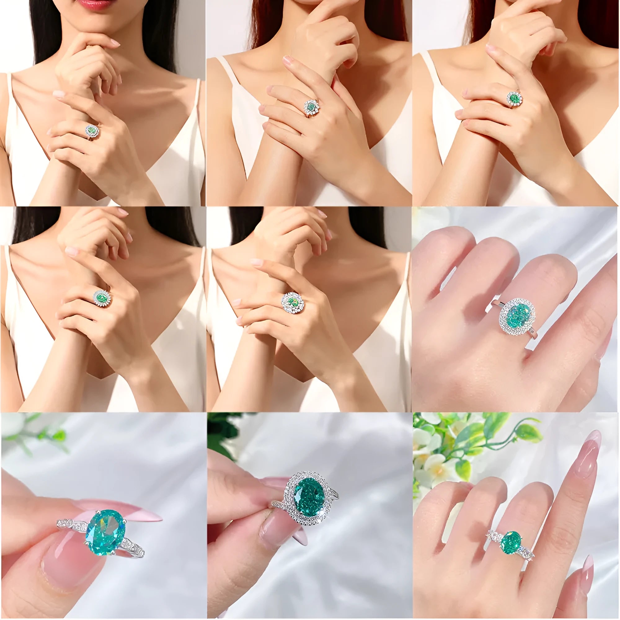 S925 silver ring with an inlaid green emerald stone and sparkling diamond detailing on a geometric band.