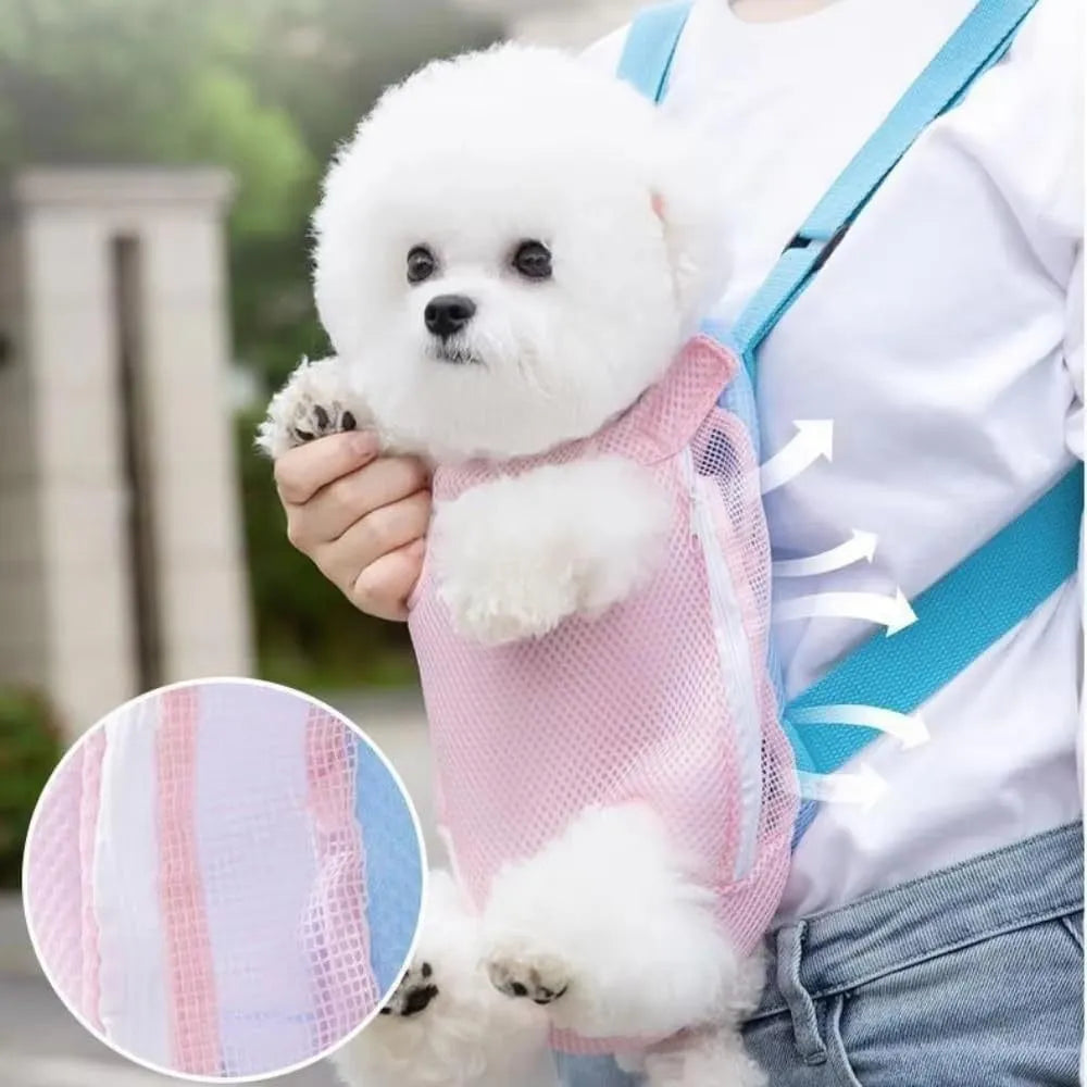 Furry Pawsy pet carrier backpack with leg holes, breathable mesh, adjustable straps, available in multiple colours and sizes