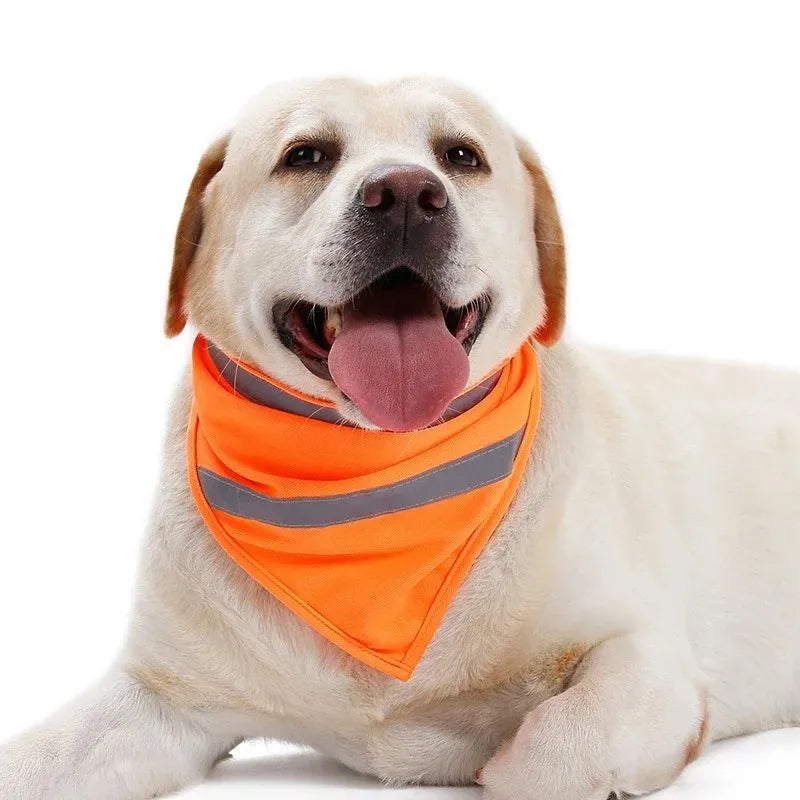 Orange and yellow reflective dog bandana with adhesive strap for night walk safety in three sizes