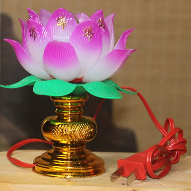 Buddha worship lamp with colourful lotus design and plug for 220V outlets