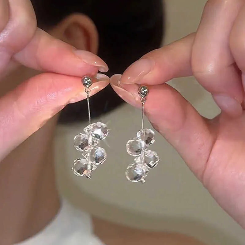 Silver needle crystal tassel earrings with geometric round shape and silver needle-silver colour for women