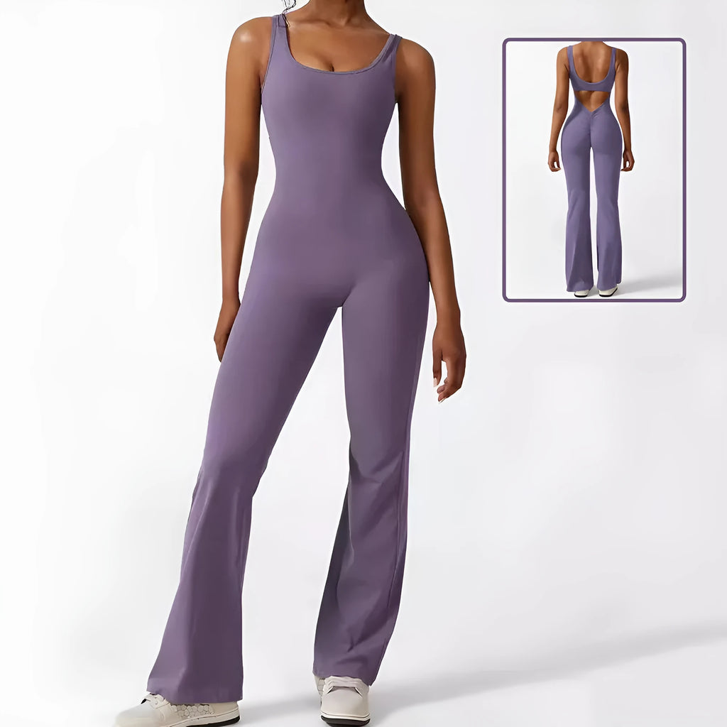 Women's sleeveless flare jumpsuit for yoga in army green colour