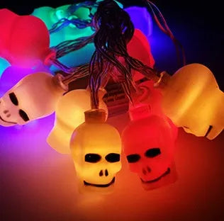 Halloween LED string lights with bat, ghost, pumpkin, and spider pendants on a 1.2 metre white wire.