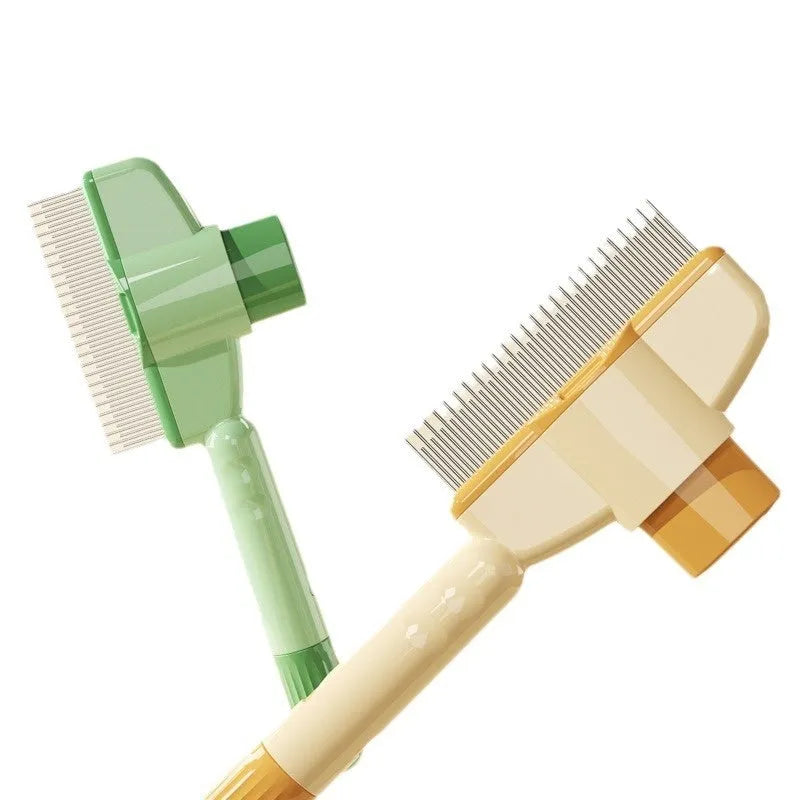 Green self-cleaning pet comb with release button and stainless steel teeth for dog and cat grooming