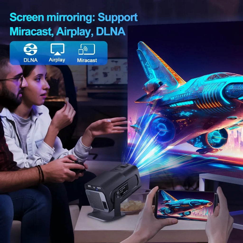 Small white 1080p Android projector with WiFi and 5G, 390 ANSI lumens