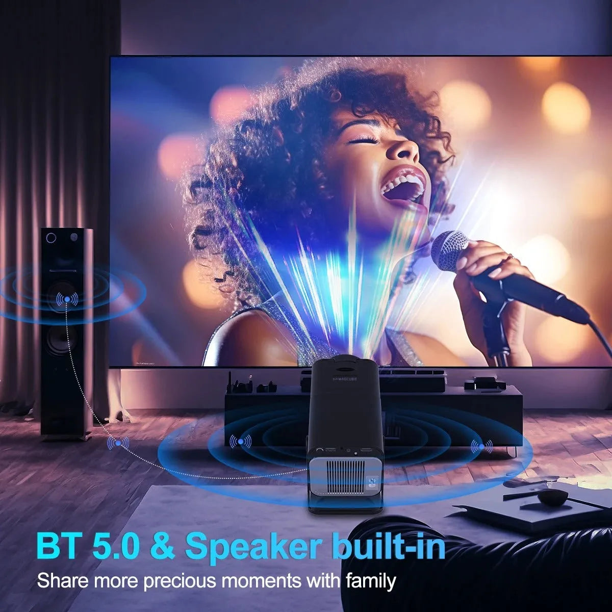 Small white 1080p Android projector with WiFi and 5G, 390 ANSI lumens