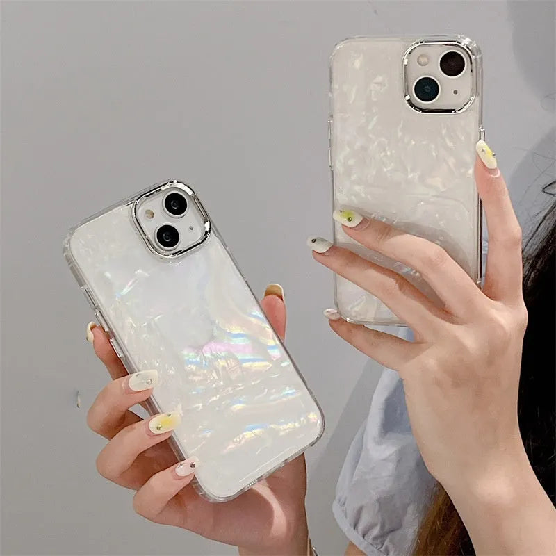 Fantasy shell pattern TPU phone case with epoxy finish for iPhone models, white colour option shown