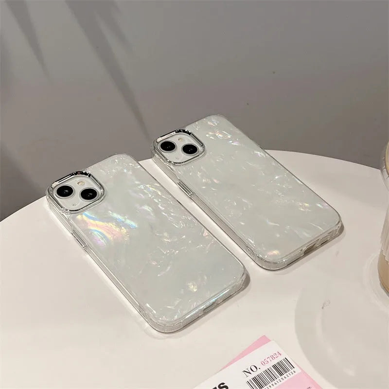 Fantasy shell pattern TPU phone case with epoxy finish for iPhone models, white colour option shown