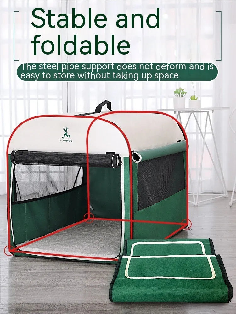 Green dog kennel tent with lamb cashmere lining, suitable for indoor and outdoor winter use
