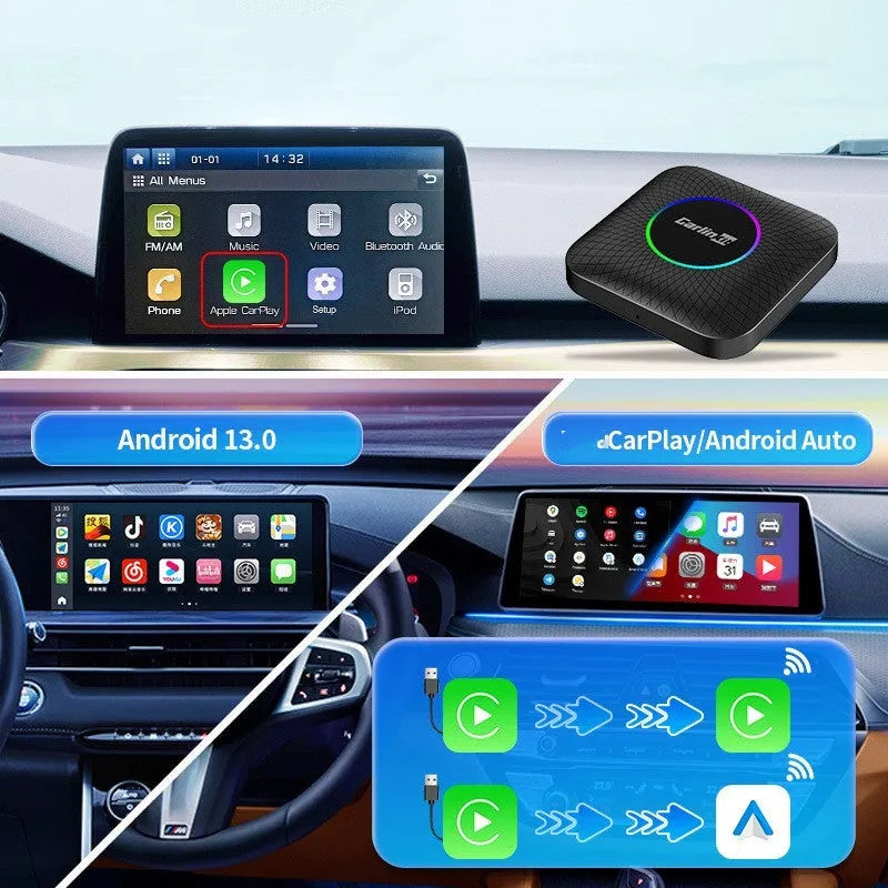Black car wireless conversion box with data cables for wired CarPlay and Android Auto systems.