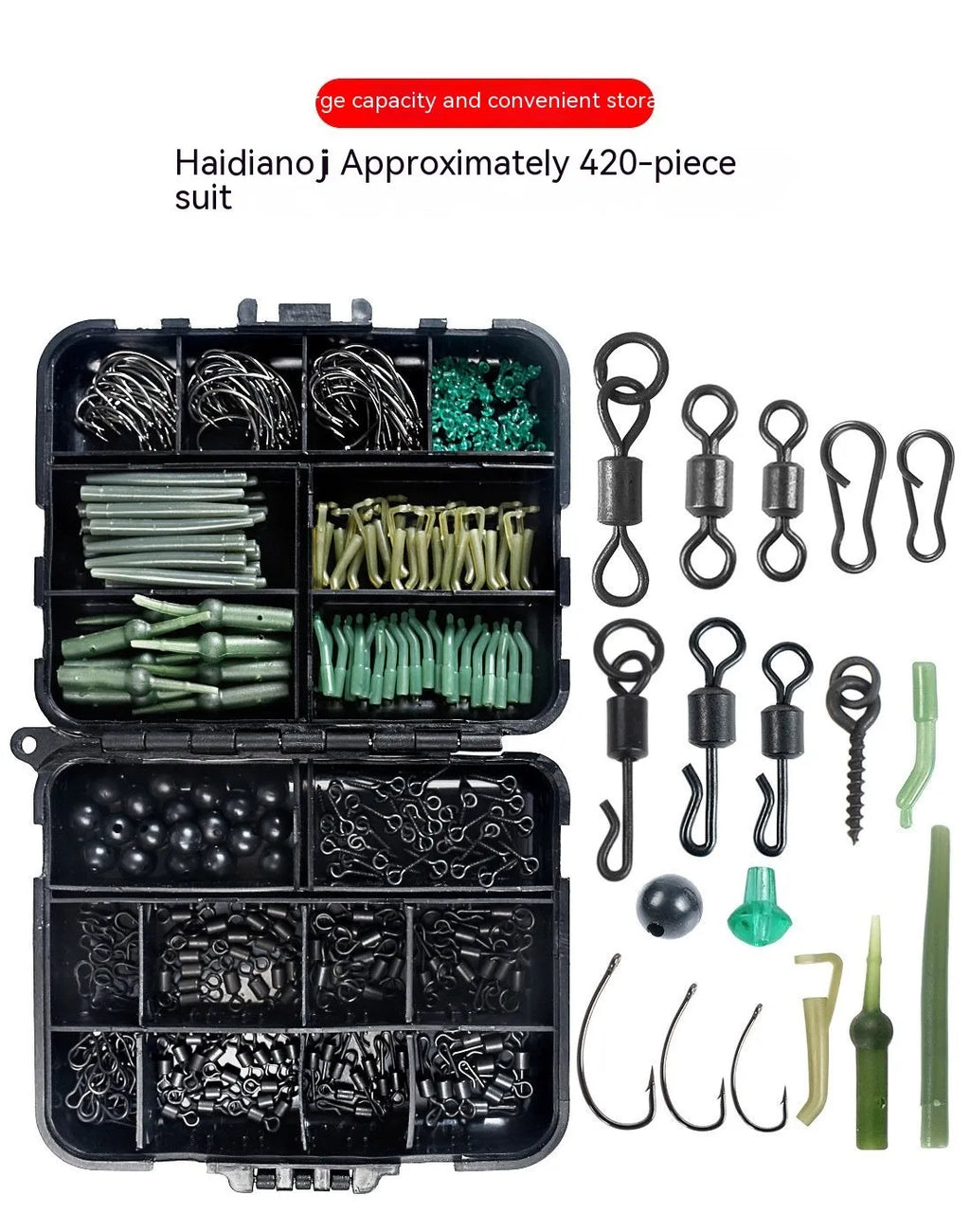 420-piece space beam fishing accessories set in a 12cm x 9.5cm x 3cm box with hooks, swivels, pins, and hoses