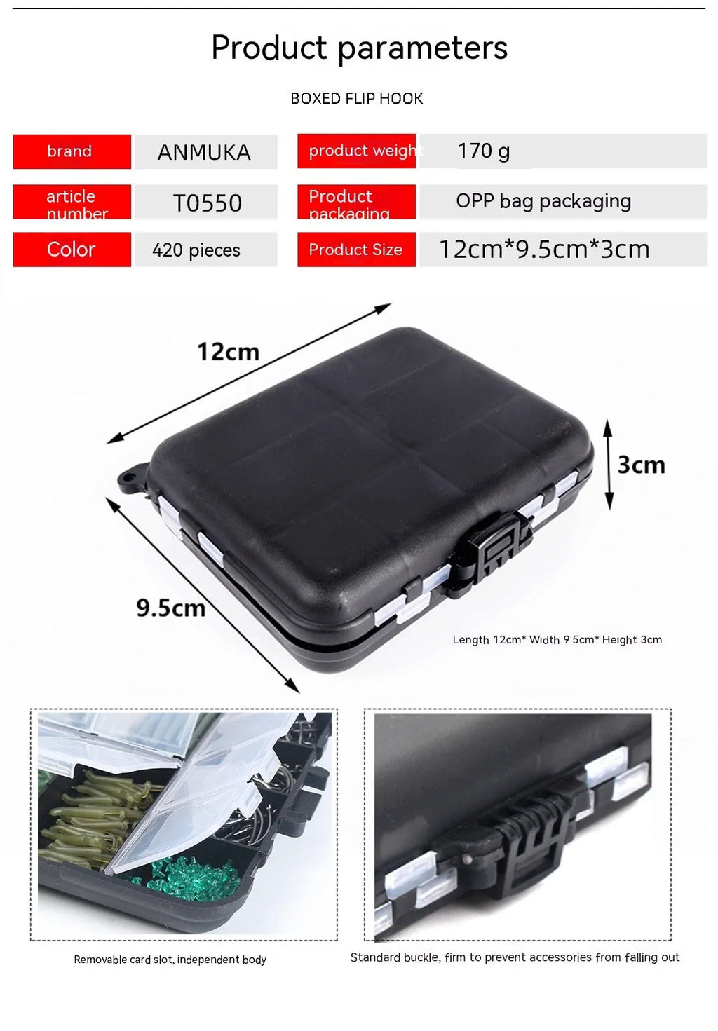 420-piece space beam fishing accessories set in a 12cm x 9.5cm x 3cm box with hooks, swivels, pins, and hoses