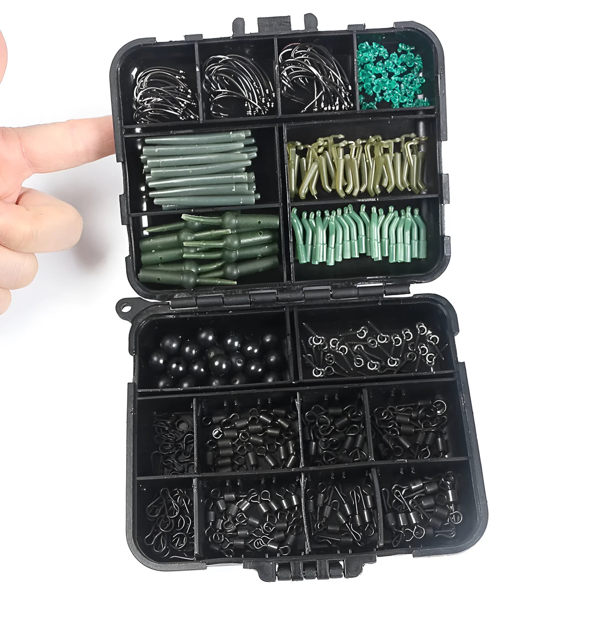 420-piece space beam fishing accessories set in a 12cm x 9.5cm x 3cm box with hooks, swivels, pins, and hoses