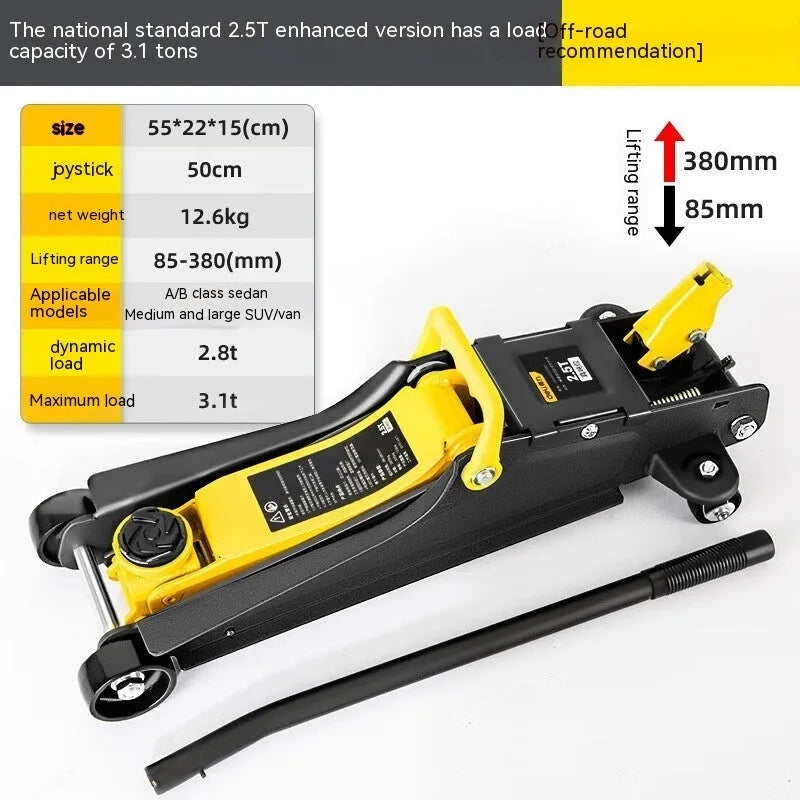 Horizontal hydraulic low car jack with handle for tyre changes on low-clearance vehicles