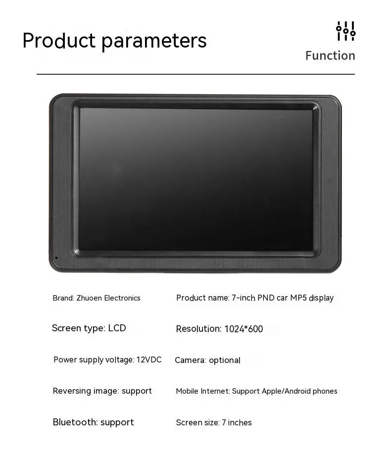 7-inch portable vehicle MP5 player with mounting bracket on black background