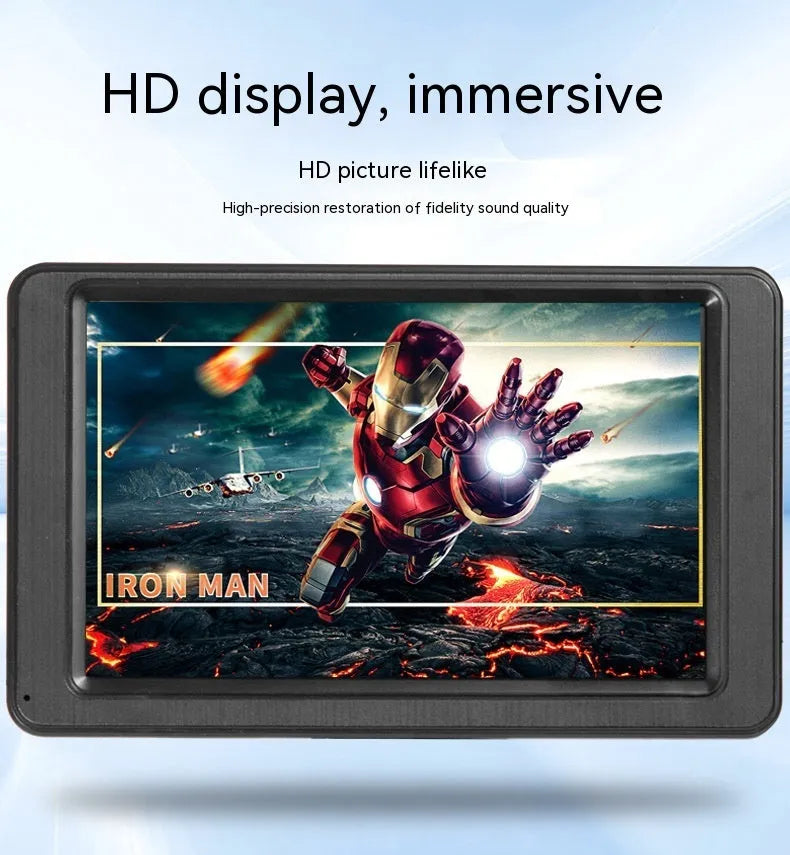 7-inch portable vehicle MP5 player with mounting bracket on black background