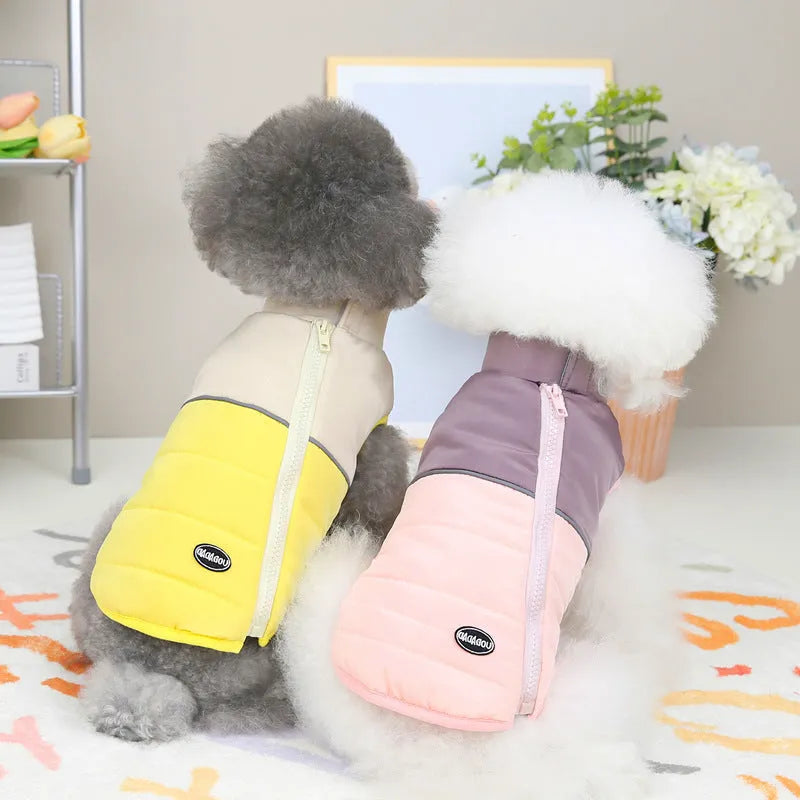 Cotton Pet Clothing for Dogs – Autumn and Winter Warm Wear in 22 Seam Zipper Vest Style with Available Colours Blue, Pink, Yellow and Sizes S M L XL XXL