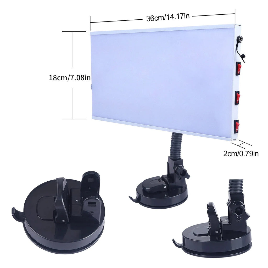 White car depression repair detector kit with concave inspection light for vehicle body panel assessment