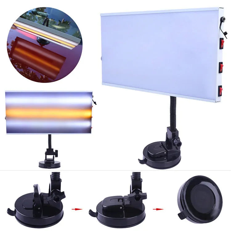 White car depression repair detector kit with concave inspection light for vehicle body panel assessment