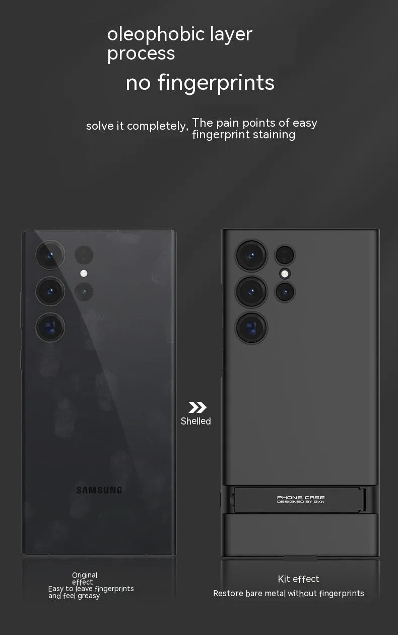 Ultra-thin frosted PC Samsung S23 phone case with fold-out bracket in Cool Black