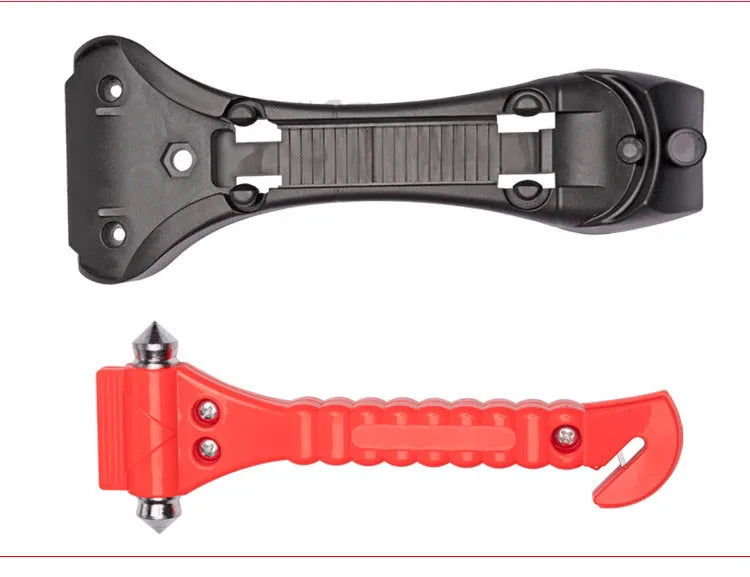 Red car emergency hammer with window breaker and seatbelt cutter made from ABS and carbon steel