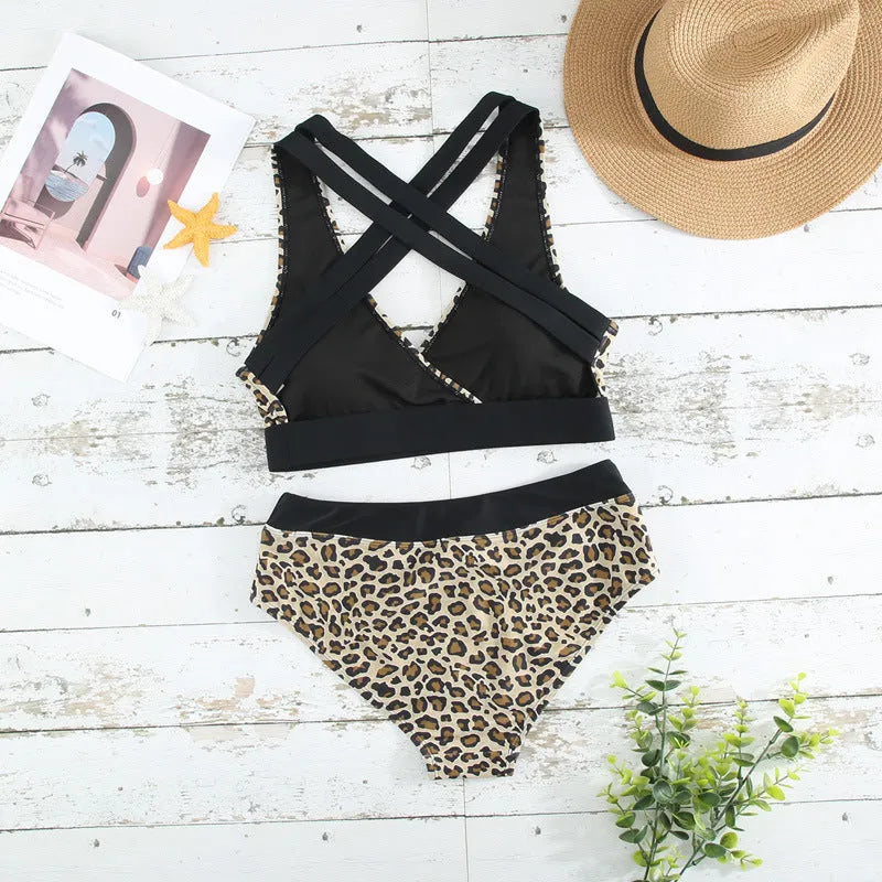 Leopard print women's V-neck cross banded bikini top and briefs swimsuit set